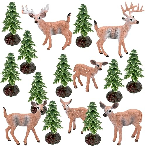 Bekecidi 16 Piezas Escena de Pueblo de Navidad, Árbol de Navidad en Miniatura Figuritas de Ciervos de Navidad para Manualidades de Navidad DIY Paisaje de Habitación de Invierno (marrón)