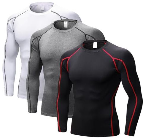 LANBAOSI Lot de 3 T-shirts de compression à manches longues pour homme - Séchage rapide - Pour le gym, la course à pied - T-shirt fonctionnel à manches longues pour homme - T-shirt d'entraînement pour