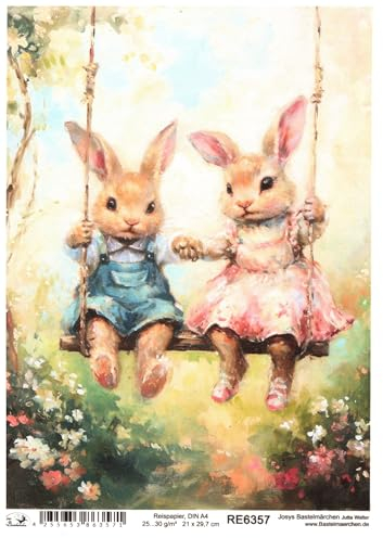 Josys Bastelmärchen Reispapier A4 Strohseide Decoupage Ostern Süße Hasen auf Schaukel RE6357