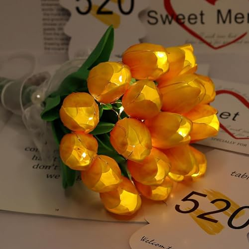 EONANT 10 tulipani fiori artificiali con luci a LED, bouquet di tulip, funzionamento a batteria, Natale, vacanze, matrimonio, fotografia, decorazione per la casa, regali creativi (arancione, 10 pezzi)
