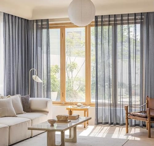 Daesar Grau Vorhänge 2er Set 132x244CM, Vorhänge Lichtdurchlässig Ösen Einfarbig mit Gestreift Motiv Französisch Gardinen Halbtransparent Schlafzimmer Wohnzimmer Küche