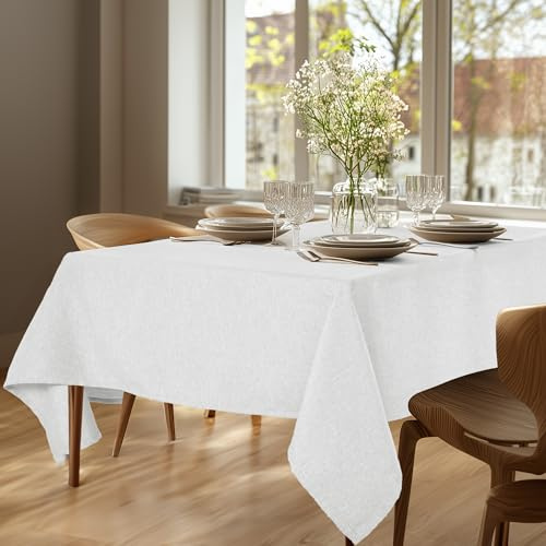 Deconovo Abwaschbare Tischdecke Gartentischdecke Lotuseffekt Leinenoptik Wasserabweisende Tischdecken Rechteckig Table Cloth stilvolle Tischwäsche für Esszimmer Küche, 160x130 cm, Weiß, 1 Stück