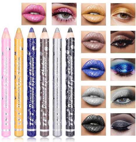 Desing Wish 6 Pezzi Matitone Ombretto Occhi Glitter Set Rossetto Nero Lunga Durata Bianco Rossetti Kit Rosso Lipstick Ombretto Stick Occhi Ombretti Occhi con Temperino Matita per Trucco Regalo Donna