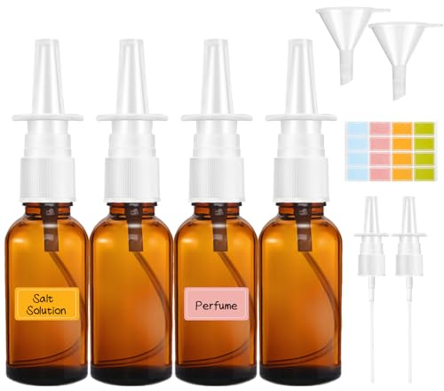 Ailvor Nasal Spray Bottle, 4 pcs Glass Direct Spray Container, 30 ml Empty Refillable Nose Mist Sprayer with Nozzles, Funnels and Label Sticker for Water, Saline Solution, Perfume, Home, Travel