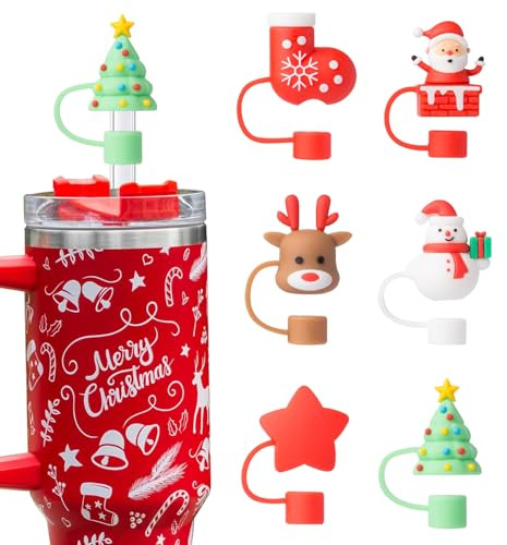 6PCS Straw Cover Cap for Stanley Cup - Christmas Tumbler Accessories, 10mm Dust-Proof Silicone Toppers, Reusable Tips for 30&40 Oz Stanley Tumblers