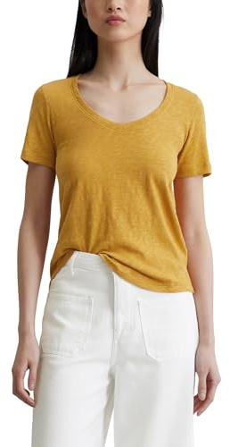 Marc OߴPolo Camiseta de algodón orgánico Mujer con cuello de pico, Amarillo (Golden Yellow), L