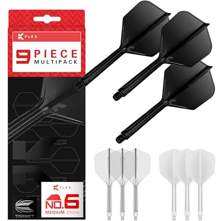 Target Darts K-Flex Integrated Dart Flights and Shafts, Kflex 9 Pack Bundle, Multipack – K Flex 3 Farben | Schwarz, Weiß, Klar, Rot, Grün, Blau, Pink, Orange, Gelb | Short, Intermediate, Medium