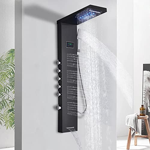 LED Shower Panel Tower Black with Temperature Display - Multi-Function Rainfall Waterfall Massage Hand Shower Tub Spout Mixer Tap