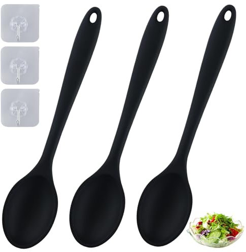 Set di 3 cucchiai in silicone antiaderenti con 3 piccolo gancio, cucchiaio da cucina con manico lungo, cucchiaio antiaderente per mescolare, pala e mescolare (nero)