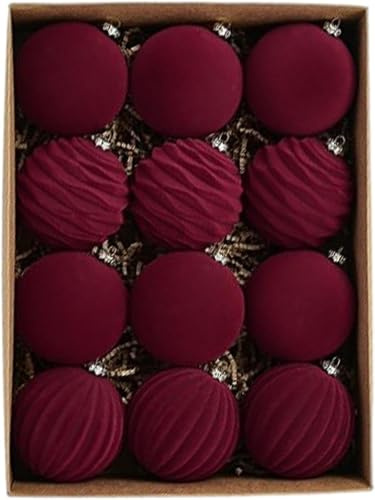 12 Stück beflockte Weihnachtskugeln aus Samt Vintage Rot und Gold beflockter Weihnachtsbaumschmuck große bruchsichere dekorative Kugeln zum Aufhängen für Weihnachtskränze