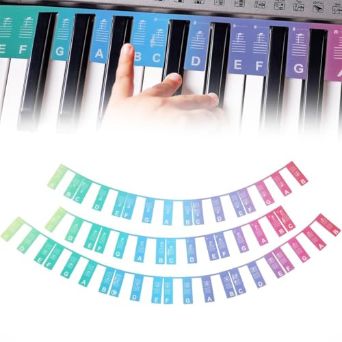 PYEUIFT Klavieraufkleber, mehrfarbig, 88 Tasten, Etiketten für Musiknoten, abnehmbare Klaviertasten aus Silikon, wiederverwendbar, ohne Aufkleber, für Anfänger