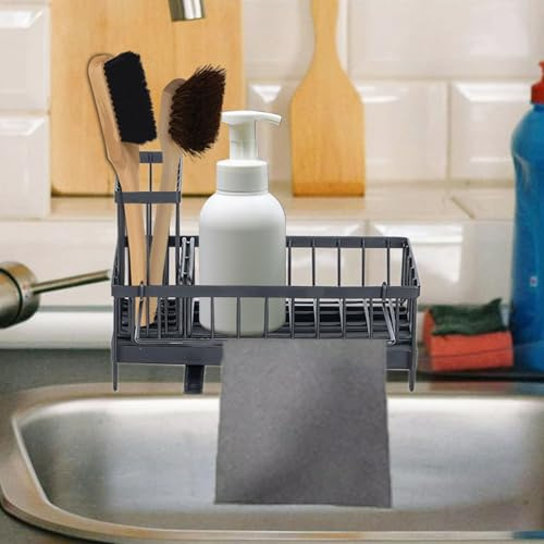 Organizador de fregadero de cocina, estante de almacenamiento para fregadero con bandeja autodrenante, organizador de fregadero, soporte de esponja para accesorios de cocina, estante de almacenamiento