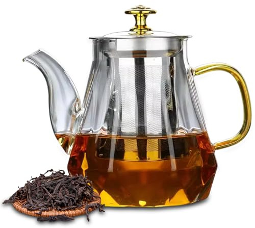 Teekanne mit Siebeinsatz Glas 1L, Elegante Glasteekanne aus Borosilikatglas mit Edelstahl Teesieb, Hitzebeständig, Tropffrei, für losen Tee & Kräutertee