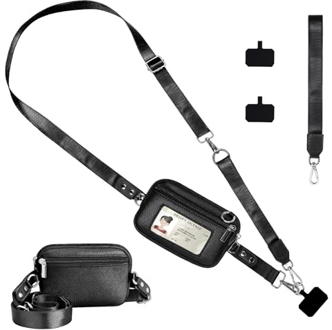 Clip and Go Strap for Phone with Wallet Crossbody, Phone Lanyard Detachable Zippered Pouch, RFID ID Window & Card Slots, Adjustable Strap for iOS and Android (Black)
