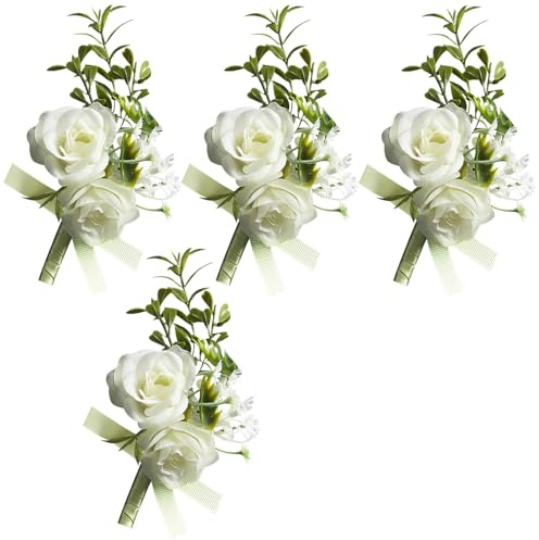 YANJINGHE 4 stycken rosblomma, boutonniere knappnål, bröllop, nålblomma, handgjorda konstgjorda blommor, män, knappblomma med stift för bröllop, bal, fest (vit D)