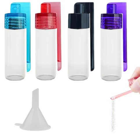 AEKZOX 4 Piezas Dosificador de Polvo de Especias con Cuchara y Embudo, Mini Botellas Herméticas para Sal, Pimienta, Especias, Dosificador Impermeable para Camping, Cocina y Viajes