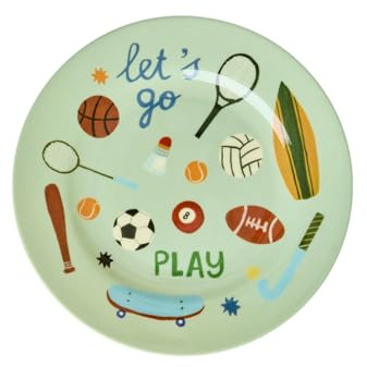 ReWu Rice Melamin Teller - Soft Green Sports Print - Rund Kinderteller Campinggeschirr Kindergeschirr Bruchfest Speiseteller Kinder Camping Ø 20 cm