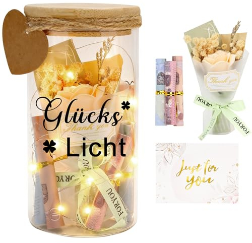 Glückslicht Geschenkset zur Kommunion/Konfirmation/Taufe, Geburtstagsgeschenk für Frauen Freundin, Glück Spardose Geschenke LED Flaschenlicht mit Trockenblumen LED-Leuchten und Karten Geldgeschenk
