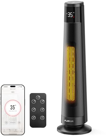 FLANUR Heizlüfter Energiesparend, 1500 W PTC Keramik Heizlüfter Leise, 74cm Elektroheizung mit Thermostat & Fernbedienung, ECO Modus, 70° Oszillation, 12h Timer, Überhitzungs-Kippschut, Black, 1Pack
