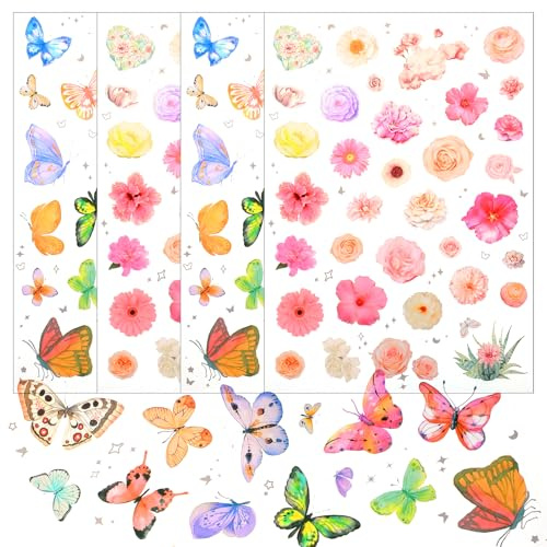 4 Sheets Butterfly Flower Sticker, Colorful Butterfly Flower Decorative Stickers Scrapbook Stickers Party Favors Supplies for Scrapbooking Crafts Envelops Party Favors