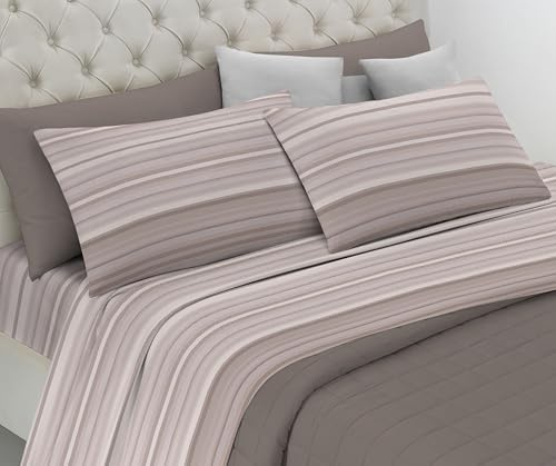 Riad Arredo Set Completo Letto in Flanella 100% Caldo Cotone Antipalline - Completo Lenzuola Morbide - Made In Italy (Stripe Beige, Singolo)