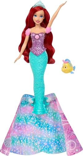 Mattel Disney Princess Arielle, Verwandlungspuppe Mensch zu Meerjungfrau | Bewegliche Modepuppe mit Tiara und langem Haar, Flunder-Tierfigur mit Tiara, inspiriert vom Disney Film, JLK19