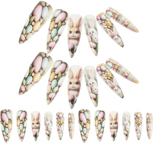 Homoyoyo Lot de 2 Boîtes de Faux Ongles Courts à Coller Thème Lapin pour Femmes et Filles, Autocollants pour Ongles de Noël, Couverture Complète, Décorations Festives de Pâques et Vacances
