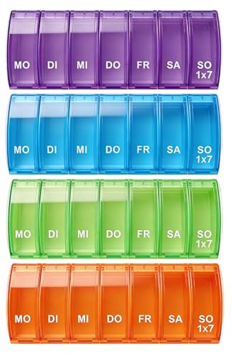 Medicinlåda 7 dagars litet set – 4 pillerburkar 7 dagar med transparent visningsfönster, färgad tablettlåda dagar för daglig tablett 7 dagar och resor
