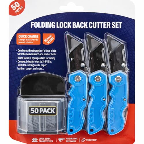 3-Pack Folding Cutter Set with 50 Extra Blades, Quick Change, Lock Back Design, Heavy Duty, Ergonomic Handle for Cardboard, Carpet & DIY Use