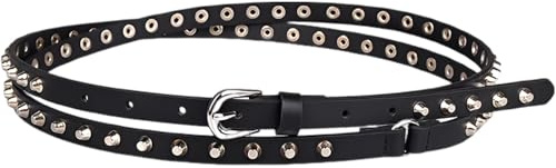 Studded bälte för kvinnor, dubbel wrap, 66,1 tum/168 cm långt, punk midjebälte, smal svart läderbälte, nitdetalj, klassisk stil, justerbart tillbehör med dubbel ögla design