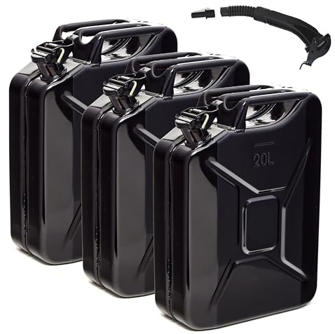Oxid7® by BW Benzinkanister Metall 3x 20 Liter mit 3x Ausgießer - Kraftstoffkanister Schwarz RAL 9005 - TÜV-geprüft, UN-zertifiziert - 0,9mm Stahl DIN 7274 - Made in Europe