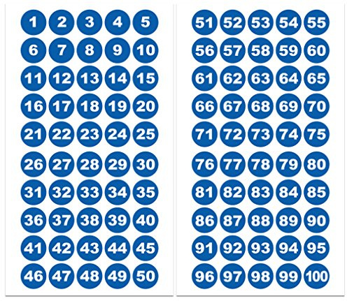 Runde Zahlenaufkleber 1-100, Vinyl - 30mm - weiße Zahlen auf blau