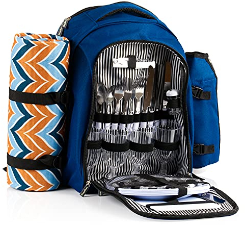 CampFeuer Picknickrucksack 32-teilig | Picknickset für 4 Personen | Blau | mit Flaschenhalter, Picknickdecke, Kühlfach und Campinggeschirr | Freizeitrucksack, Campingrucksack