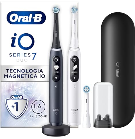 Oral-B Spazzolino Elettrico Ricaricabile iO 7 Bianco e Nero, 3 Testine di Ricambio, 1 Custodia Da Viaggio,. Confezione Doppia. 2 Spazzolini