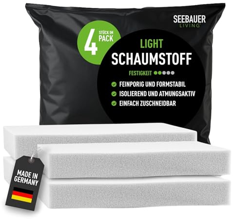 SEEBAUER living Schaumstoff-Set Light RG 26/40 (Mittelfest) 50 x 50 x 5 cm (4er Vorteilspack) Schaumstoffplatte für Polster und Sitzkissen, Polsterschaumstoff als Zuschnitt für Sitzpolster