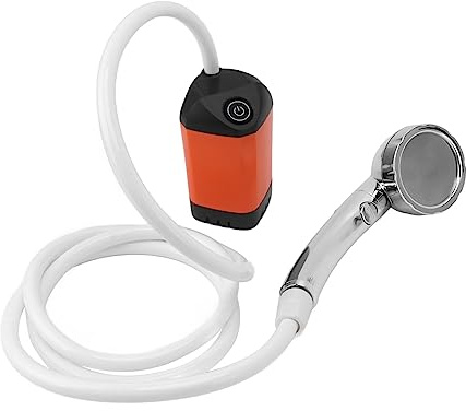 Bärbar dusch, uppladdningsbar elektrisk handhållen bärbar campingdusch, utomhus 3 växlar justerbar lägerduschpump med filter och indikatorlampa för camping, vandring, resor (orange)