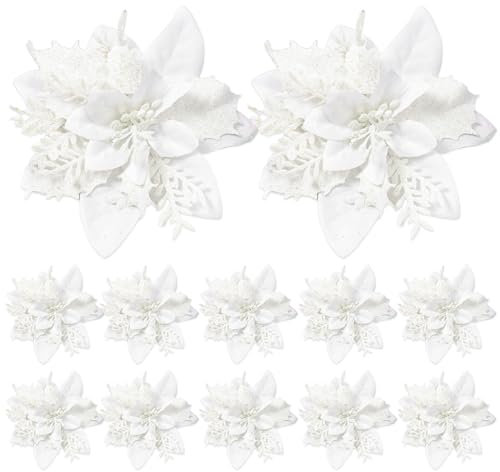 Fleurs de Noël artificielles, Fleurs de Poinsettia pour décoration d'arbres de Noël, 12 pièces de 14 cm, Fleurs de Noël à Double Couche Brillantes, décorations d'arbre de Noël – Blanc