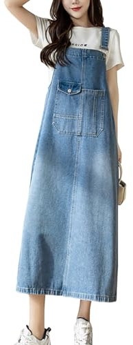 Yishengwan Donna Lunga Vestito Salopette di Jeans Senza Maniche Denim Vestiti Overall Taglia Grande Azzurro M