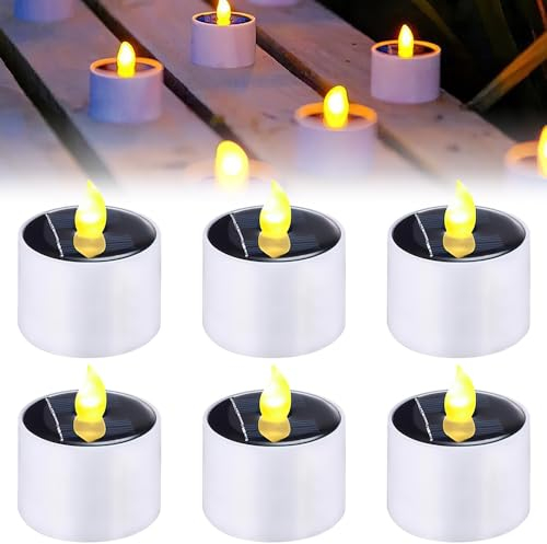 YANGUN 6 Stück Solar Teelichte, flammenlose LED-Teelichter, realistische und helle blinkend Teelichter, batteriebetriebene Teelichter, für Hochzeit, Festival, Parteien, Hauptdekorationen