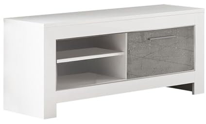 AltoBuy Denae - Meuble TV 1 Porte L112cm Laqué Blanc Brillant et Gris Marbré