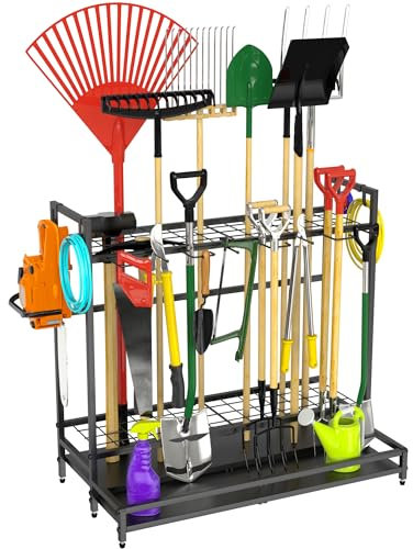 VGMiu Garden Tool Organizer for Garage, Yard Tool Rack, Holds Up to 64 Long-Handled Tools, Black Metal Garden Tools Rack Storage with Hooks for Yard Shed Garage Organization
