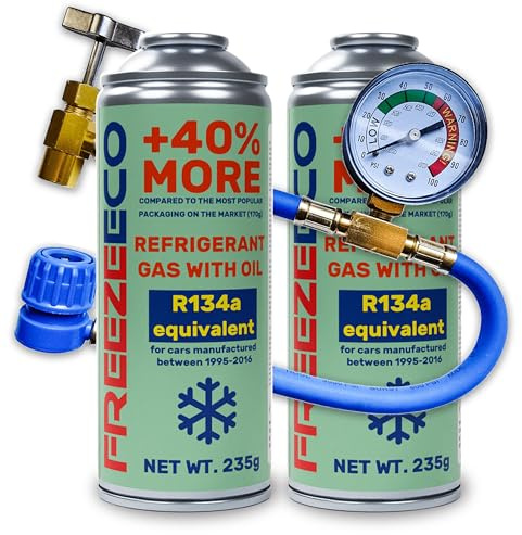 FreezeECO Set de 3 unidades: 2 x 2 en 1 gas con aceite refrigerante 235 g tipo A + manguera de manómetro de 15/30 cm FE tipo A [R134a/R12 equivalente – coches 1995 – 2016] tipo A (11,5 mm) 470 g