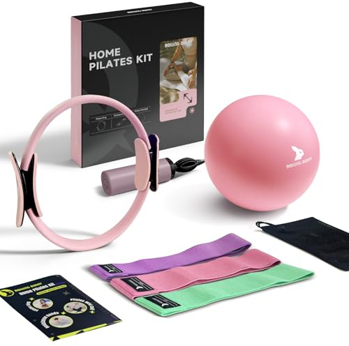 RollingBunny Home Pilates Kit - 13.8 Pilates Ring with Padded Handles, Mini Ball, 3 Resistance Bands for Full Body Exercise, Workout Guide