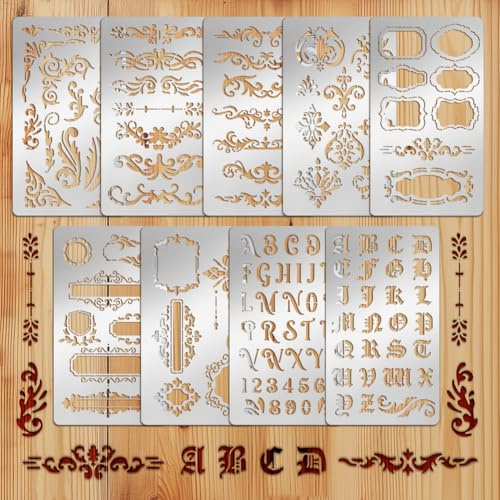 TWINKLEMON 9 Pcs Metal Letter Stencils, Alphabet Templates Wood Burning Stencils for Reusable, Journaling Border Lettering Stencil for DIY Painting Drawing Planner Scrapbooking Engraving Crafts