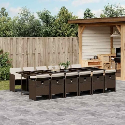 Mokuyary Grupo de comedor de jardín de 13 piezas, con cojín, color marrón, poliratán, jardín, mesa de comedor, comedor, impermeable, balcón, patio, terraza, material de escritorio, vidrio