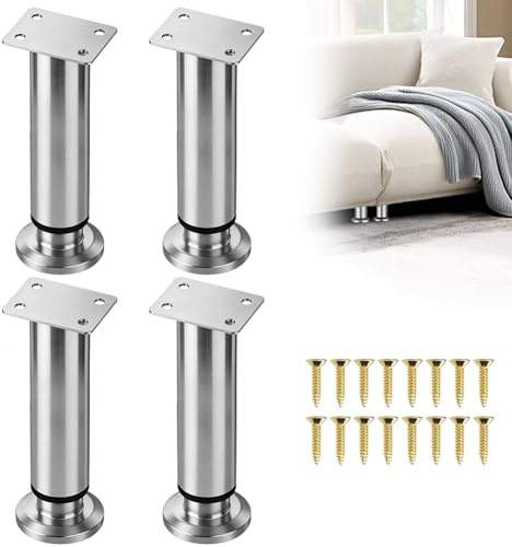 Patas Ajustables para Muebles, 18 – 30 cm, 4 Unidades, Color Acero Inoxidable, Altura Regulable, Patas de Metal, Patas Regulables para Muebles de baño, Patas de Armario, Patas de Mesa, Patas de Cama
