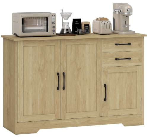 HOMCOM Sideboard with Soft-Close Doors, 2 Drawers, Natural Wood Finish | Modern Storage Cabinet, Kitchen Cupboard, Adjustable Shelf, 3 Doors, Dining Room, Living Room