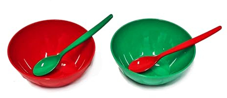 Harfield Children's Christmas Small Dessert Bowl & Teaspoon Set Red Green Pack of 4 Reusable Virtually Unbreakable Polycarbonate Plastic