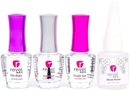 Revel Nail Dip Powder Liquid Set, Base Coat, Activator, Finish Gel & Gel Thinner, 0.5oz, Made in USA