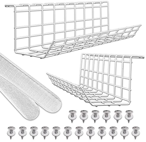 Scanfield Kabelmanagement Unter Tisch, 2er-Set Kabelkanal Schreibtisch, Kabelmanagement Schreibtisch, Kabelhalter mit Luftirkulation, Kabelwanne Unterbau, Einfache Montage, Modulare Kabelkorb Weiß